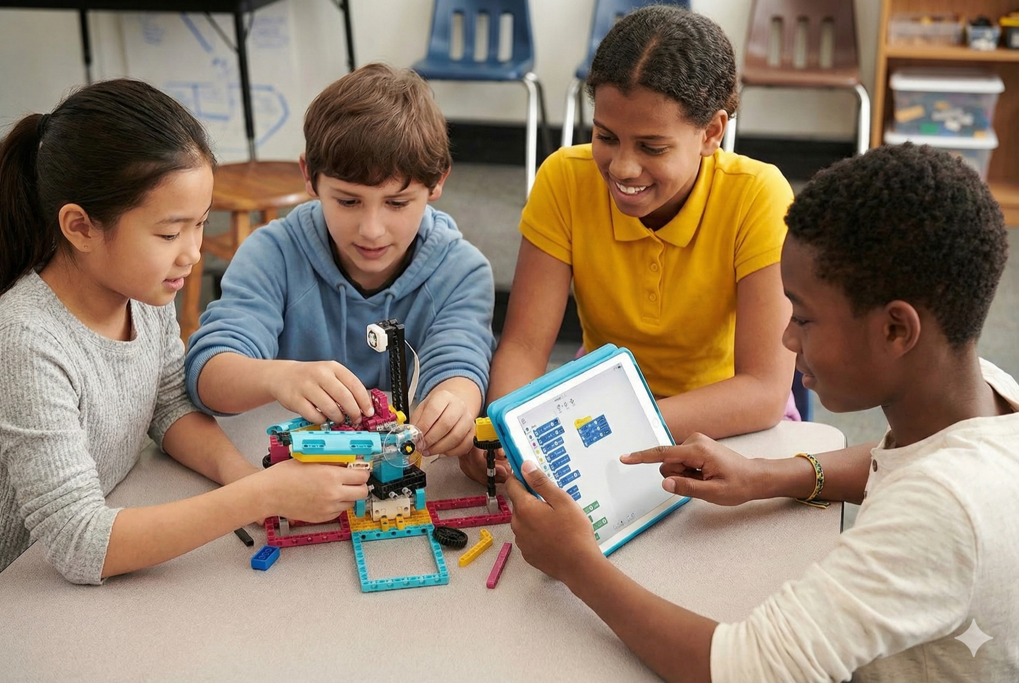 Students collaborating on a LEGO® robotics build.